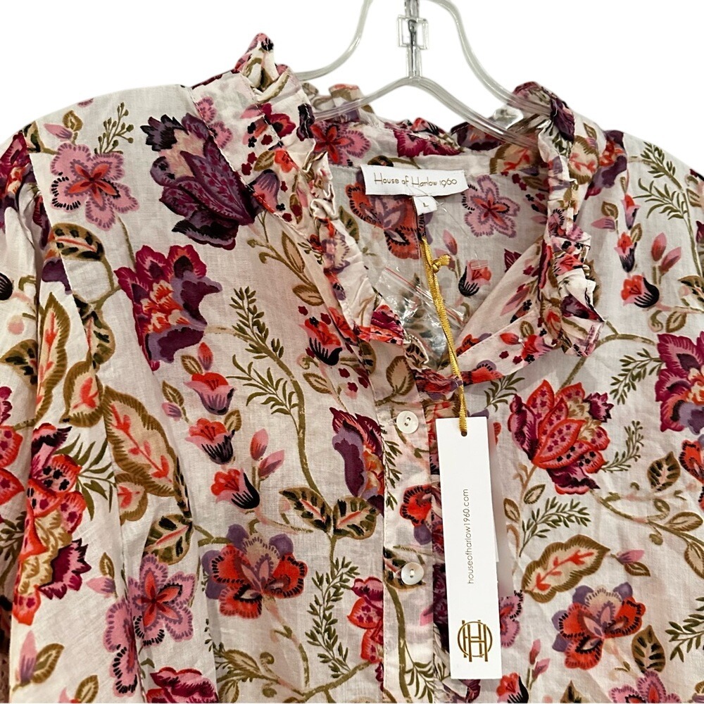 House of Harlow 1960 Peasant Floral Balloon Sleeve Blouse Women's‎ Large Cream - Picture 2 of 10